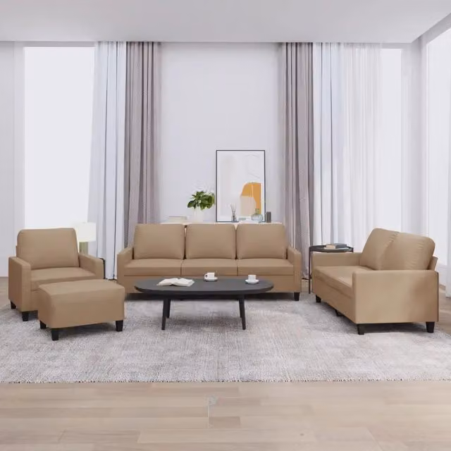 Set di divani moderno vidaXL in similpelle beige composto da divano a 3 posti, divano a 2 posti e pouf con cuscini inclusi – 1