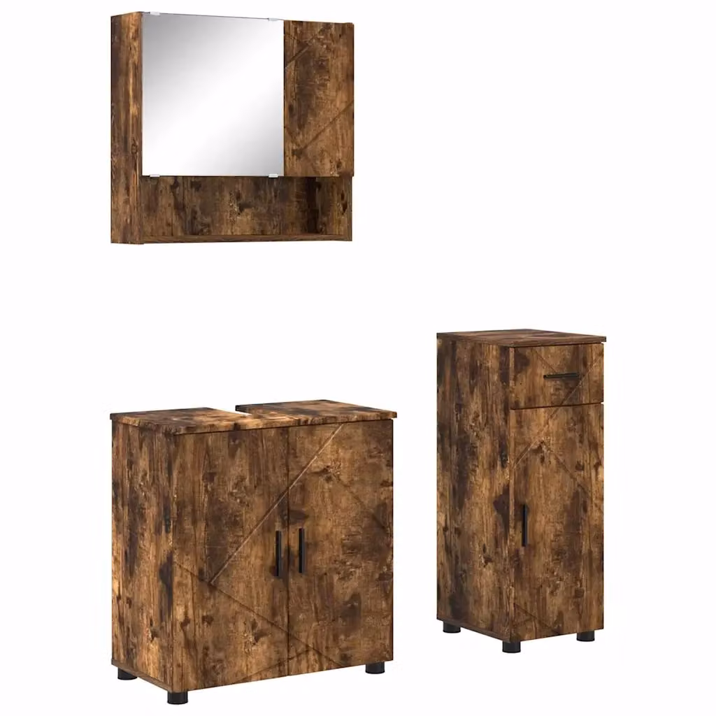 Set di mobili per il bagno 3 pezzi vidaXL in legno e metallo color rovere e nero, composto da mobile lavabo, armadietto a specchio e pensile, L/P/H: 61 x 35 x 64 cm – 2