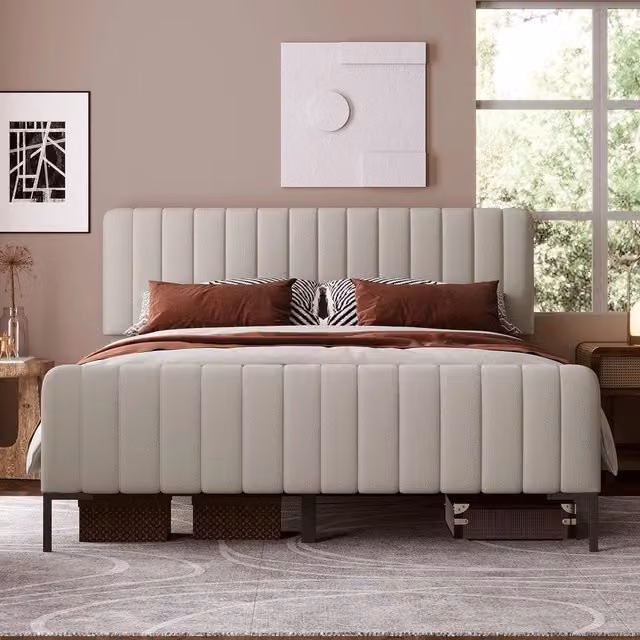 Letto imbottito singolo 140x200 con rete a doghe e testiera regolabile ¨C Minimal ¨C grigio-beige tessuto