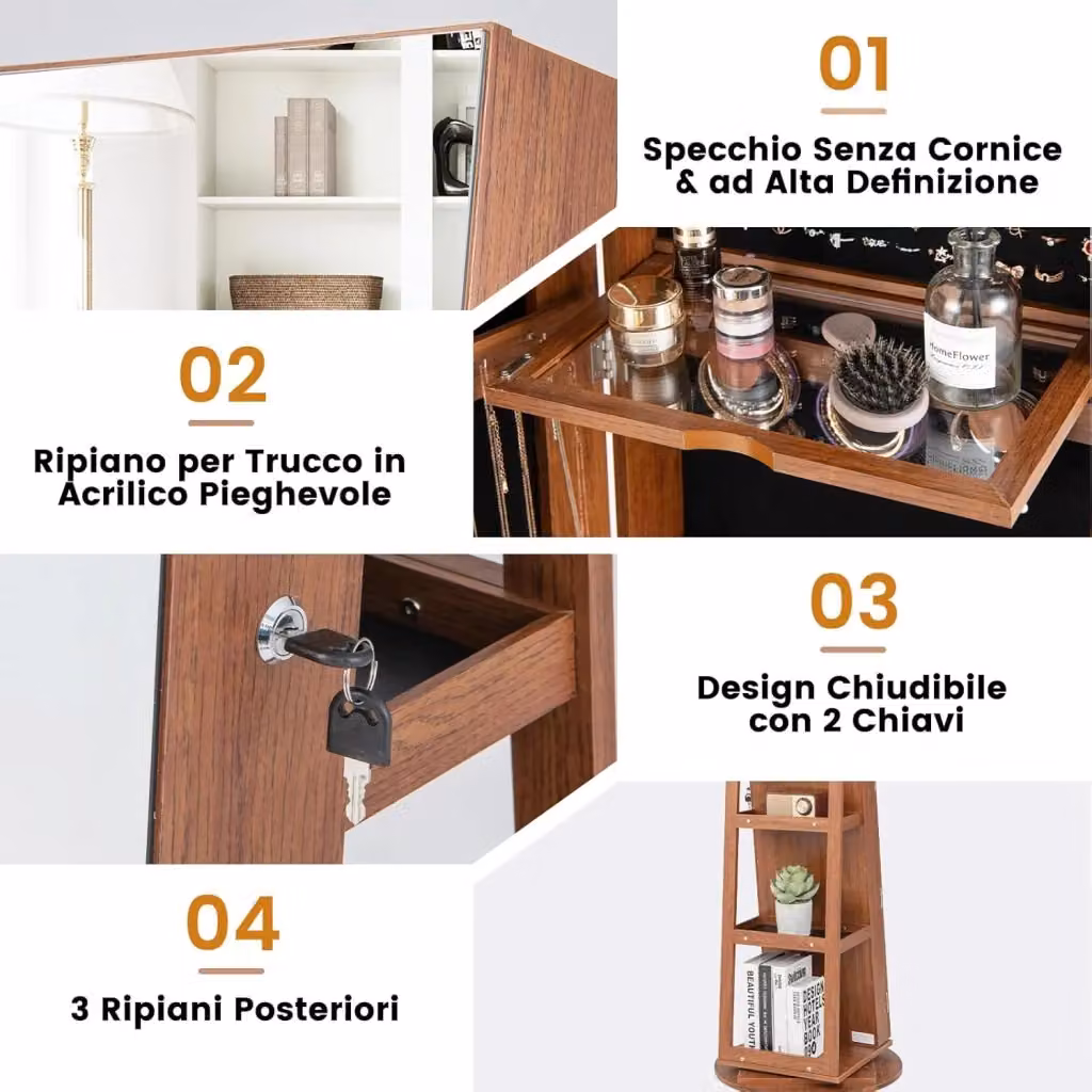 Armadio Portagioie Girevole Costway con Specchio a Figura Intera e Luci LED, Organizer da Terra Marrone H: 161 cm, L: 54,5 cm, P: 54,5 cm – 2