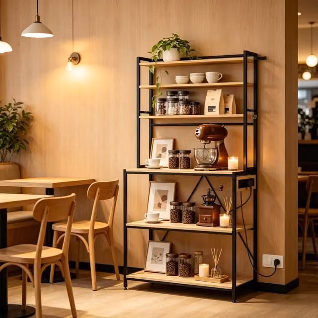 Scaffale espositivo stile moderno, stazione bar caffè, mobile cucina con prese elettriche, credenza da cucina, mini postazione lavoro