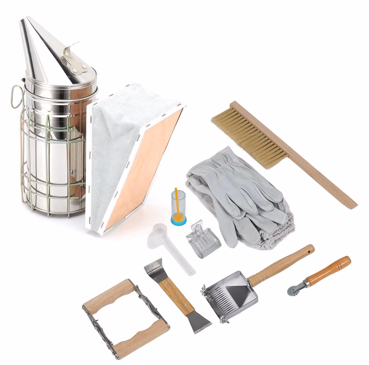 10 pezzi/set Kit apicoltura Telai Impugnatura Pennello per api Affumicatore per alveari Clip per regina Filo metallico Raschietto Strumenti