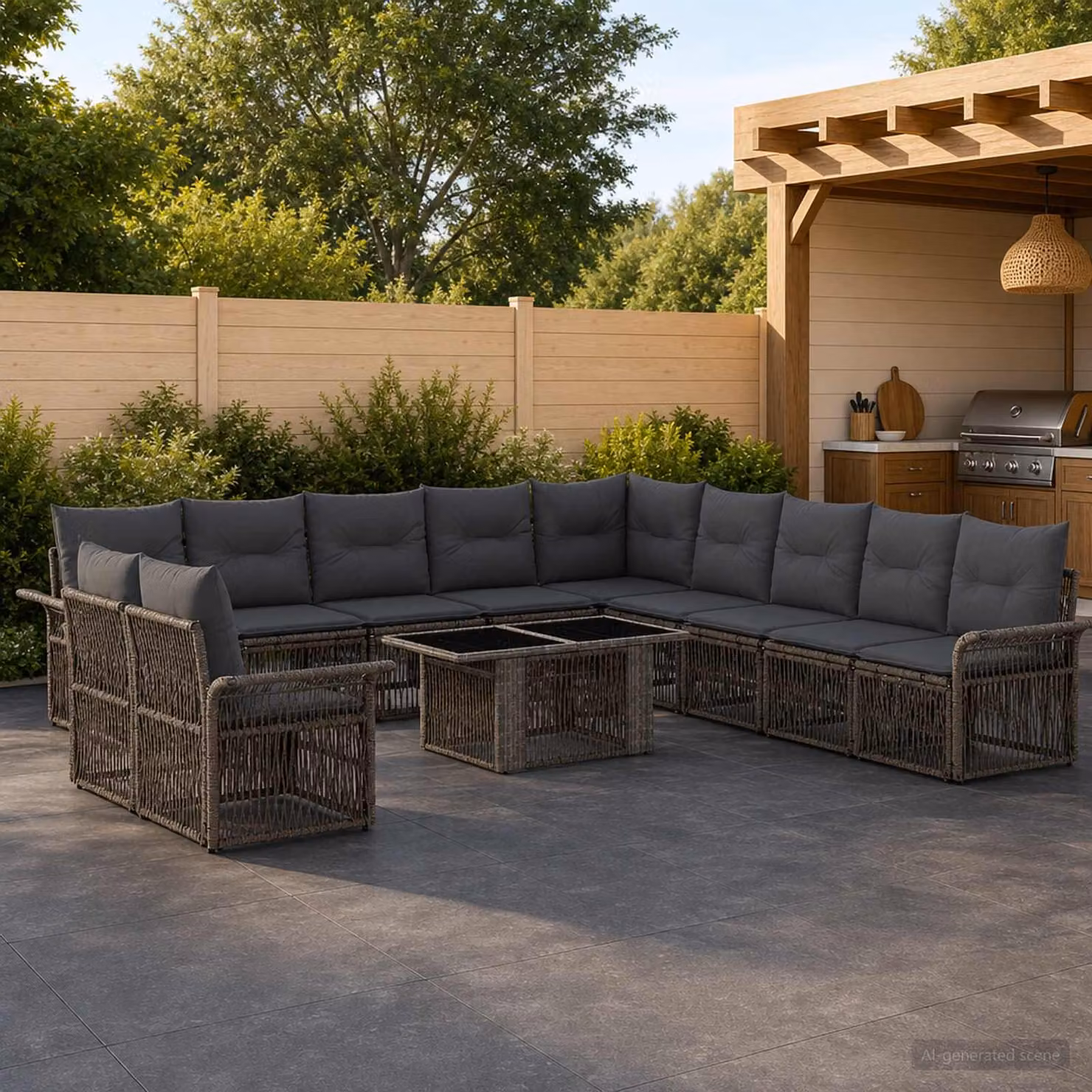 Set Divano da Giardino vidaXL 12 pz a forma di U in Polyrattan Grigio con Tavolino e Cuscini Imbottiti