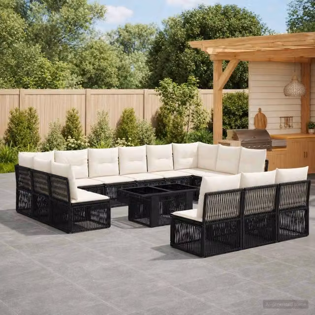 Set Divano da Giardino a L vidaXL in Polyrattan Nero con Cuscini e Tavolino da Esterno – 1