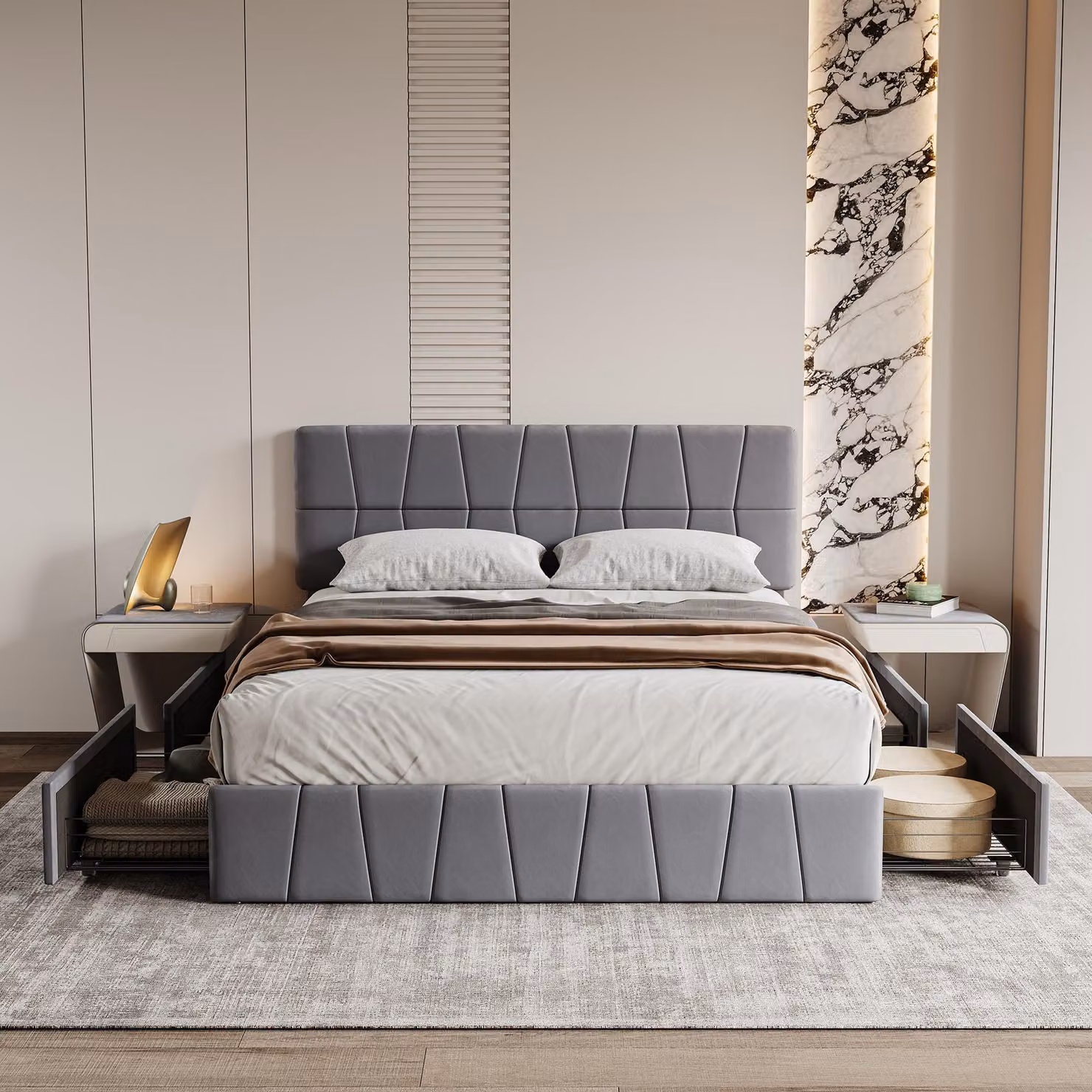 Letto imbottito ProximaX 160x200cm matrimoniale con rete a doghe e 4 cassetti, letto contenitore letto in legno letto funzionale in velluto, grigio