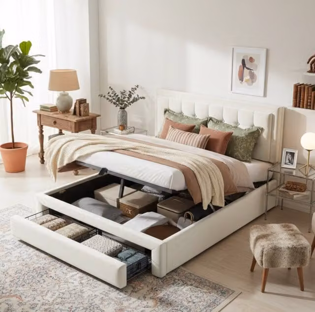 Letto imbottito contenitore in velluto beige con testiera regolabile e 2 cassetti