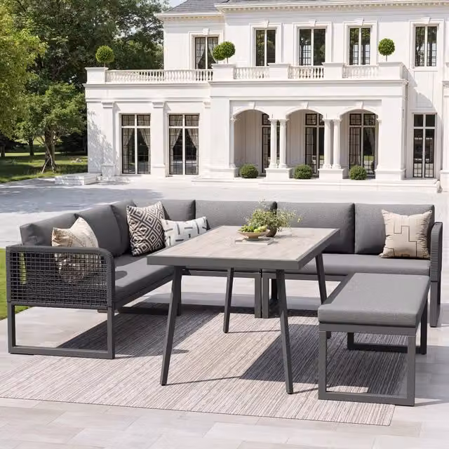 Set di mobili da giardino modulare Mivray in rattan e metallo grigio con tavolo in vetro, ideale per giardino, balcone o terrazza – 1