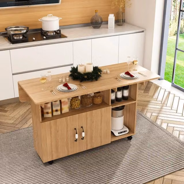 Tavolo pieghevole 3 in 1 MODFU in MDF con piano ribaltabile e ruote, effetto rovere chiaro, L: 110 cm, P: 70 cm, H: 80 cm