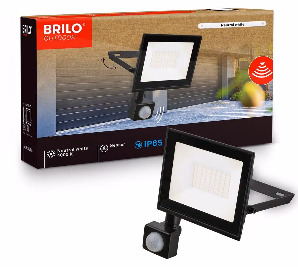 Briloner Faretto LED da esterno con sensore di movimento 14x19 cm rettangolare 30W 2700lm 4000K bianco neutro IP65 nero - Faro per giardino garage vialetto