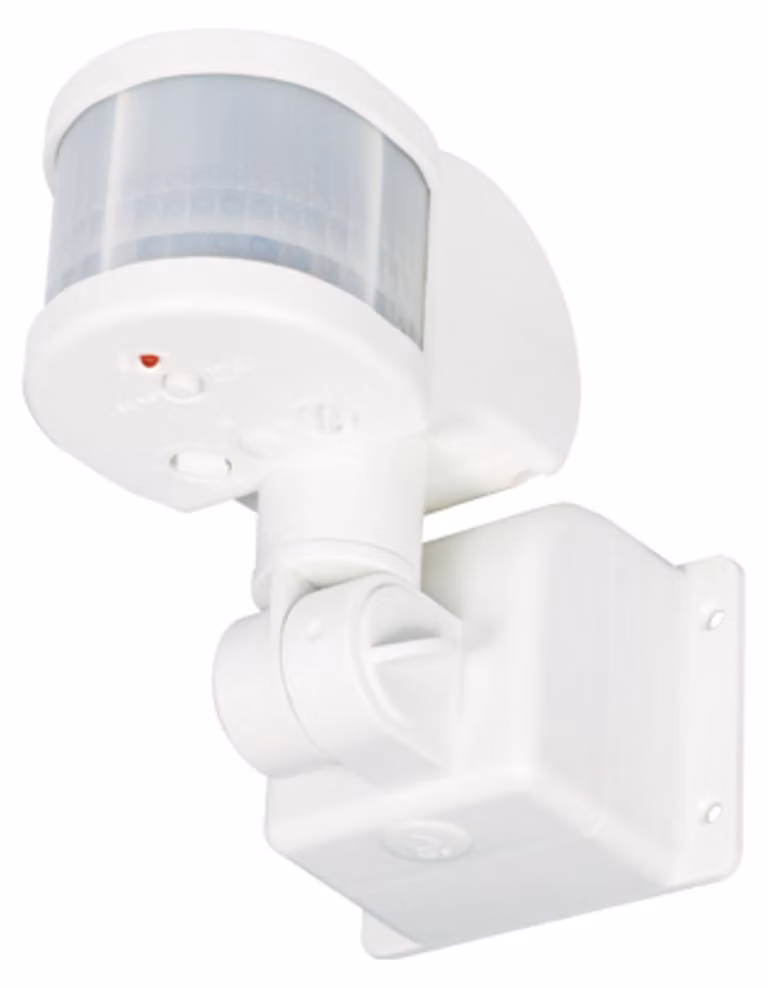 Supporto elettrico LX48A bianco con sensore di movimento IP44 per illuminazione esterna, con montaggio a parete a filo