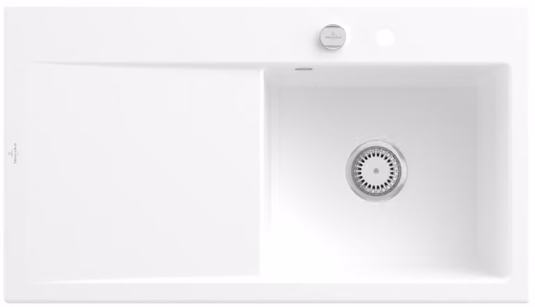 Lavello Villeroy & Boch con area di scolo a sinistra, modello Subway Style, finitura Stone White, dimensioni 90x51 cm, in Vetroceramica, con comando a leva laterale