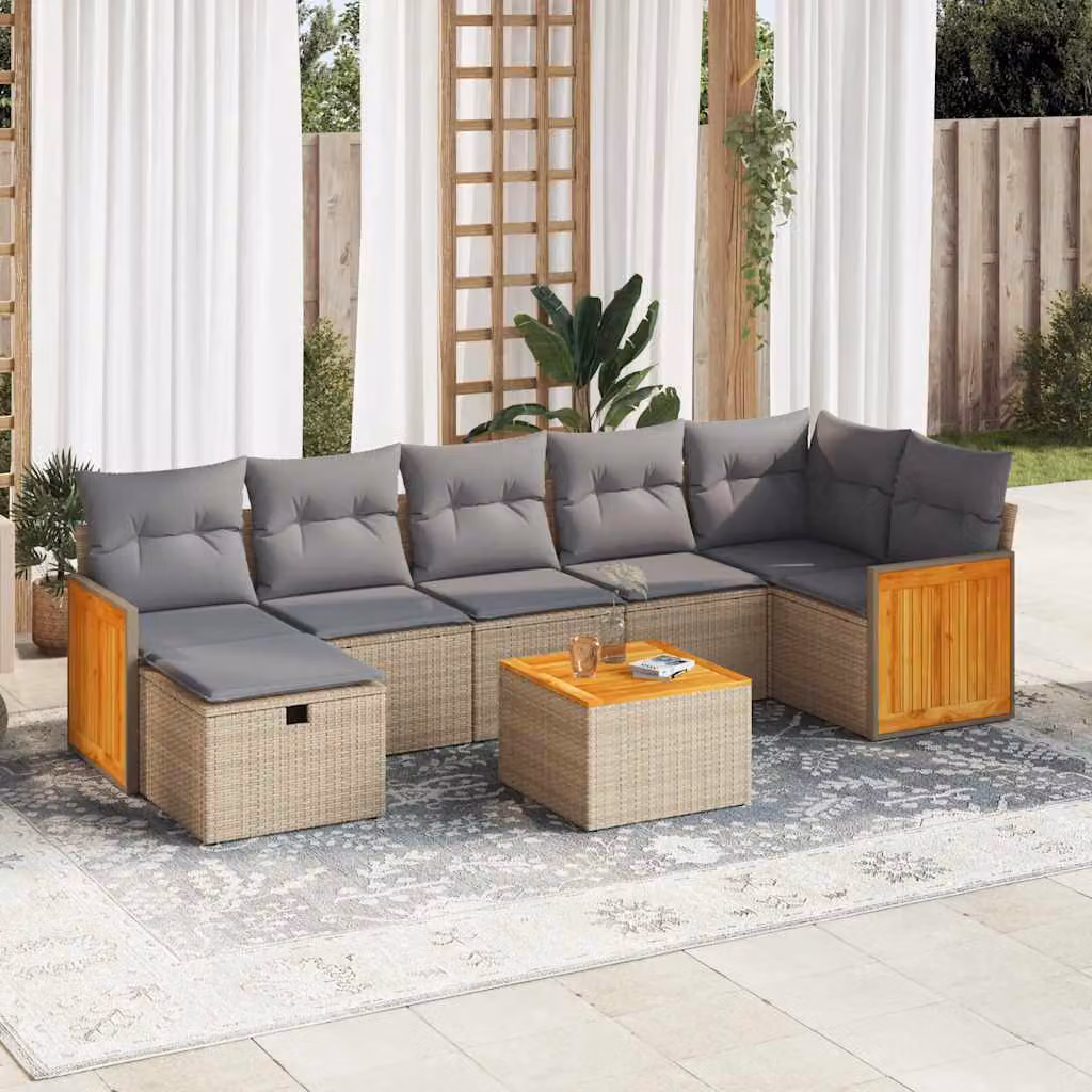 Set Divano da Giardino vidaXL 8 pz a Forma a L con Cuscini Beige e Struttura in Metallo e Polyrattan