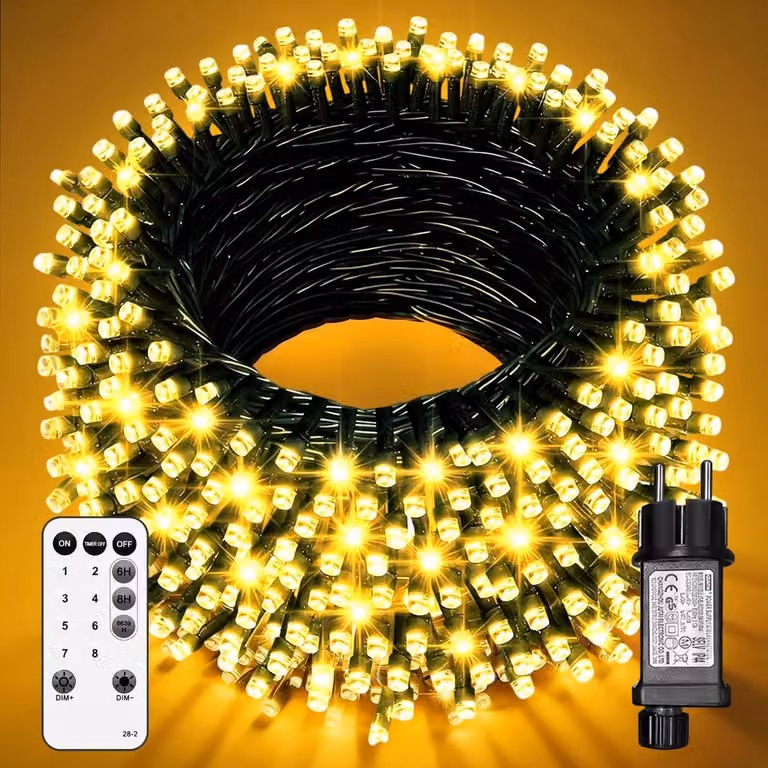 Catena luminosa a LED, 40 metri, 400 LED, grado di protezione IP44, luce bianco caldo, 8 modalità, timer
