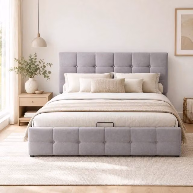 Letto imbottito 140x200 cm grigio in velluto con contenitore idraulico