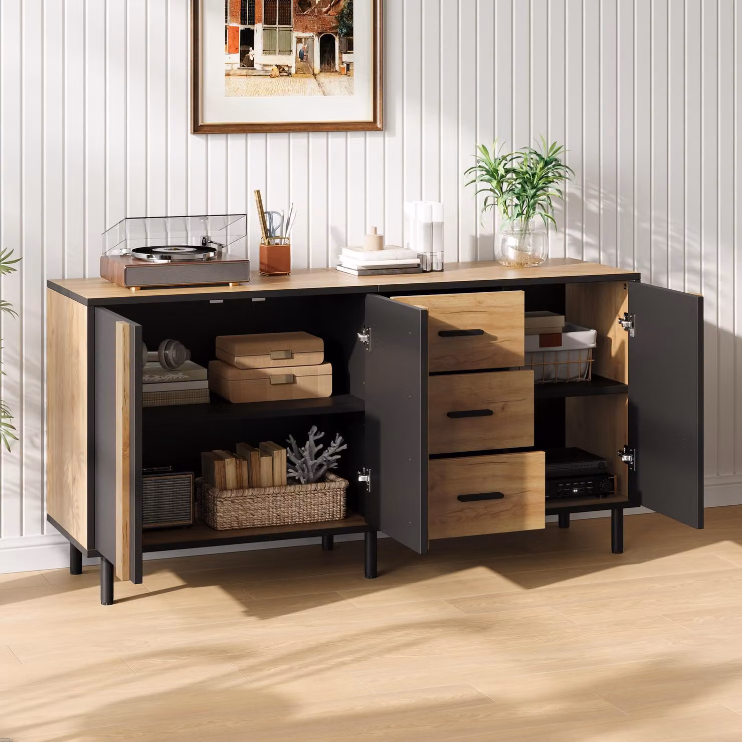 Comodino okwish con 3 ante e 3 cassetti, mobile contenitore con 6 gambe in metallo, mobiletto, armadio contenitore moderno, colore nero