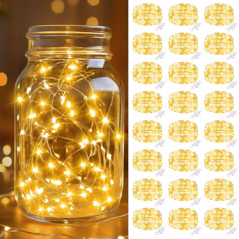Catena luminosa a LED, set da 24, lunghezza 2 metri, 20 LED, luce bianco caldo, alimentazione a batteria