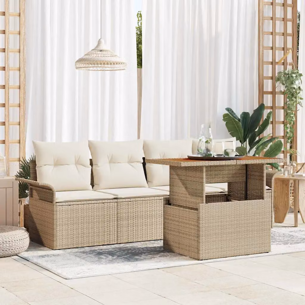 Set Divano da Giardino 5 Pezzi vidaXL in Polyrattan Beige e Bianco con Cuscini e Tavolino da Caffè