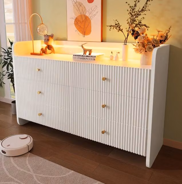 Madia con LED e 6 cassetti; vano aperto; 120 x 40 x 75 cm; bianca