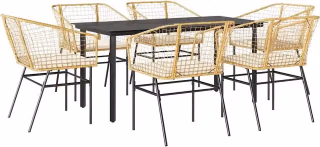 Set da pranzo da giardino 7 pezzi in polyrattan marrone con piano in vetro e cuscini