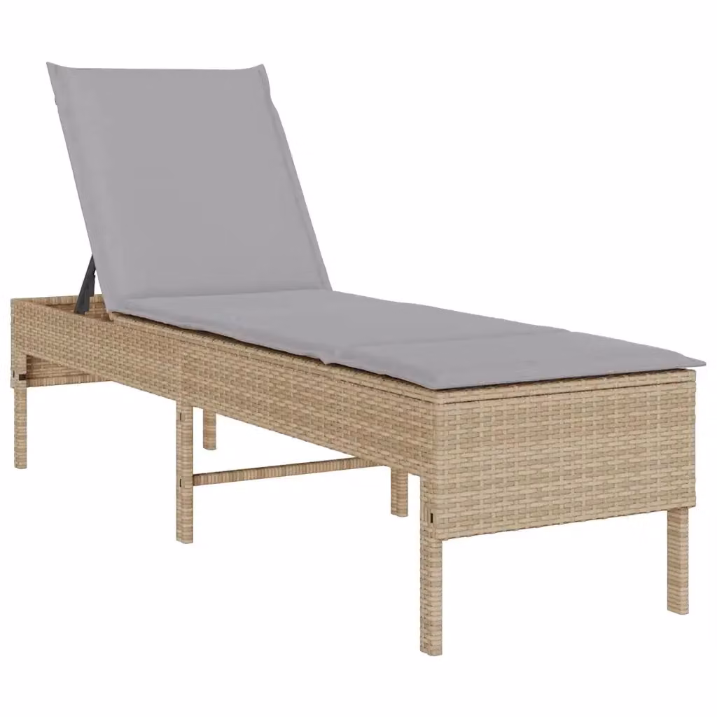 Lettino prendisole vidaXL in polyrattan con cuscini beige e grigi, poggiatesta regolabile e tessuto resistente alle intemperie, L/P/H: 200 x 55 x 44 cm – 2