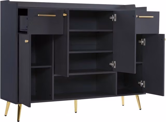 Mobile porta scarpe nero con 2 cassetti, 4 ante, piedini in metallo, dimensioni 130x37x100 cm
