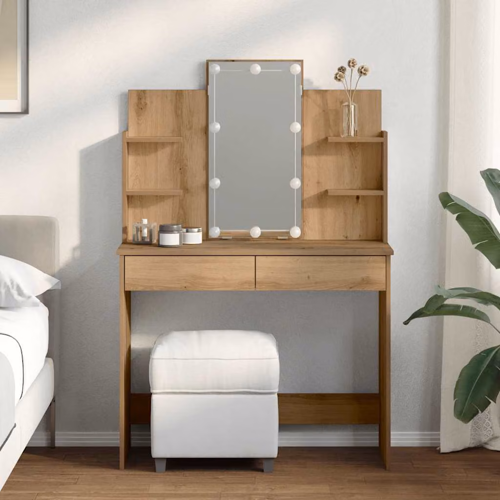 vidaXL Toeletta Hollywood con Luci LED in Rovere e Vetro, L/P/H: 96 x 40 x 142 cm