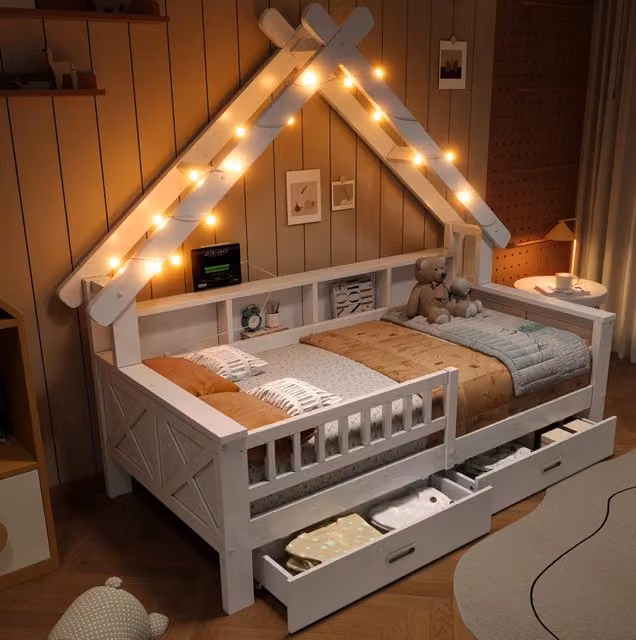 Letto a casetta per bambini 90x200 cm con LED; ripiani; 2 cassetti e sponde; bianco