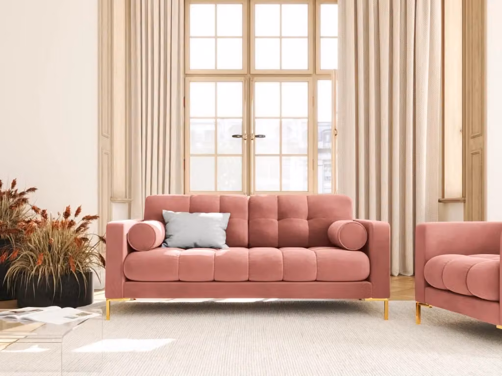 Divano Bali Cosmopolitan Design a 2 posti in velluto rosa con dettagli oro L: 152 cm, P: 75 cm, H: 92 cm – 2