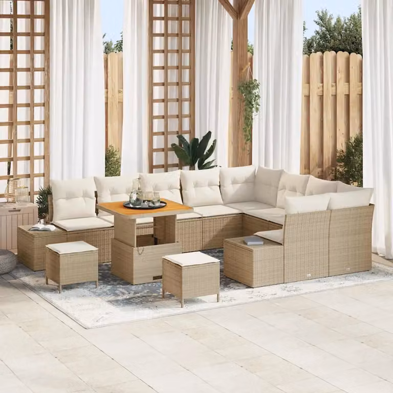 Set Divano da Giardino vidaXL a Forma di U con 12 Pezzi, Beige, con Cuscini e Tavolino da Caffè in Metallo e Legno di Acacia