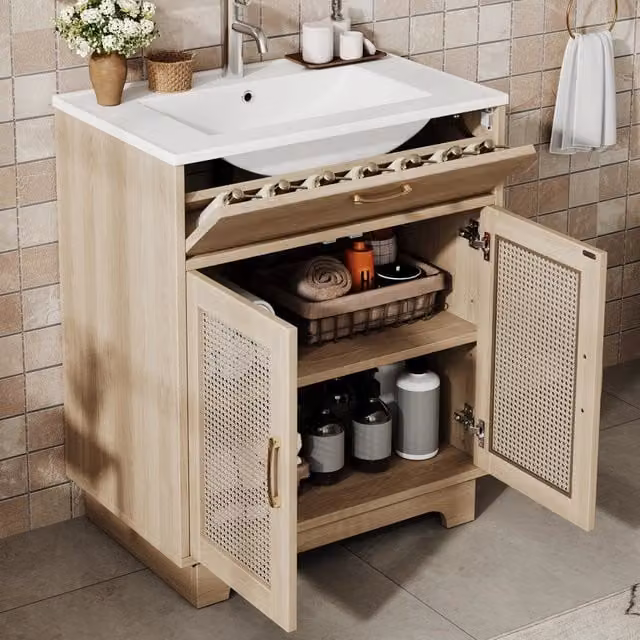 Mobile sottolavabo con lavabo in ceramica 2 ante ammortizzate e vano a ribalta per bagno naturale 76 × 46 × 88 cm