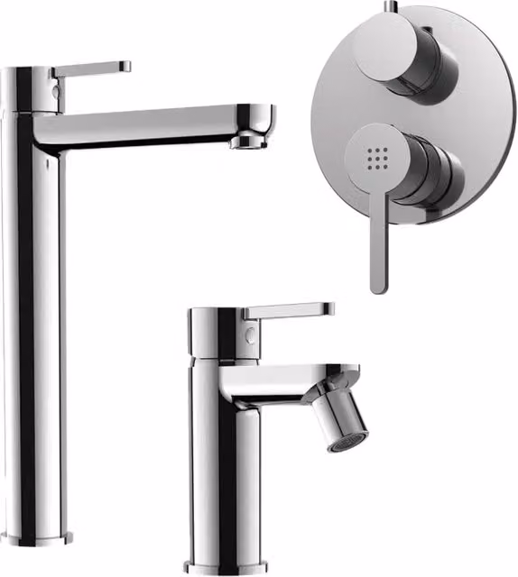 Set miscelatore lavabo alto e bidet senza scarico ed incasso doccia con deviatore in ottone cromato | Virna