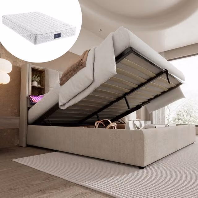 Letto imbottito con ricarica wireless, USB-C e contenitore, 140x200 cm, lino naturale