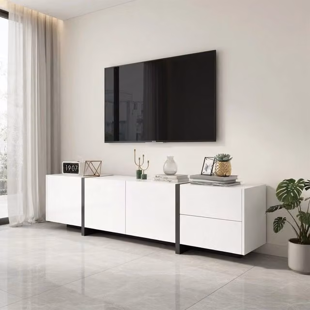 Cassettiera per TV KOMHTOM bianca lucida con gambe nere e design minimalista, L: 170 cm, P: 39 cm, H: 30 cm – 1