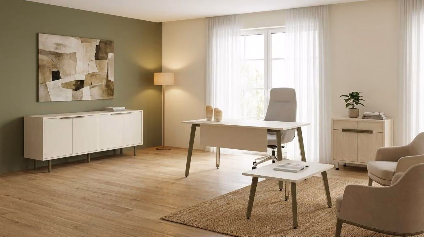 Arredamento per ufficio di design. Scrivania esclusiva. Tavolino elegante. Comodino