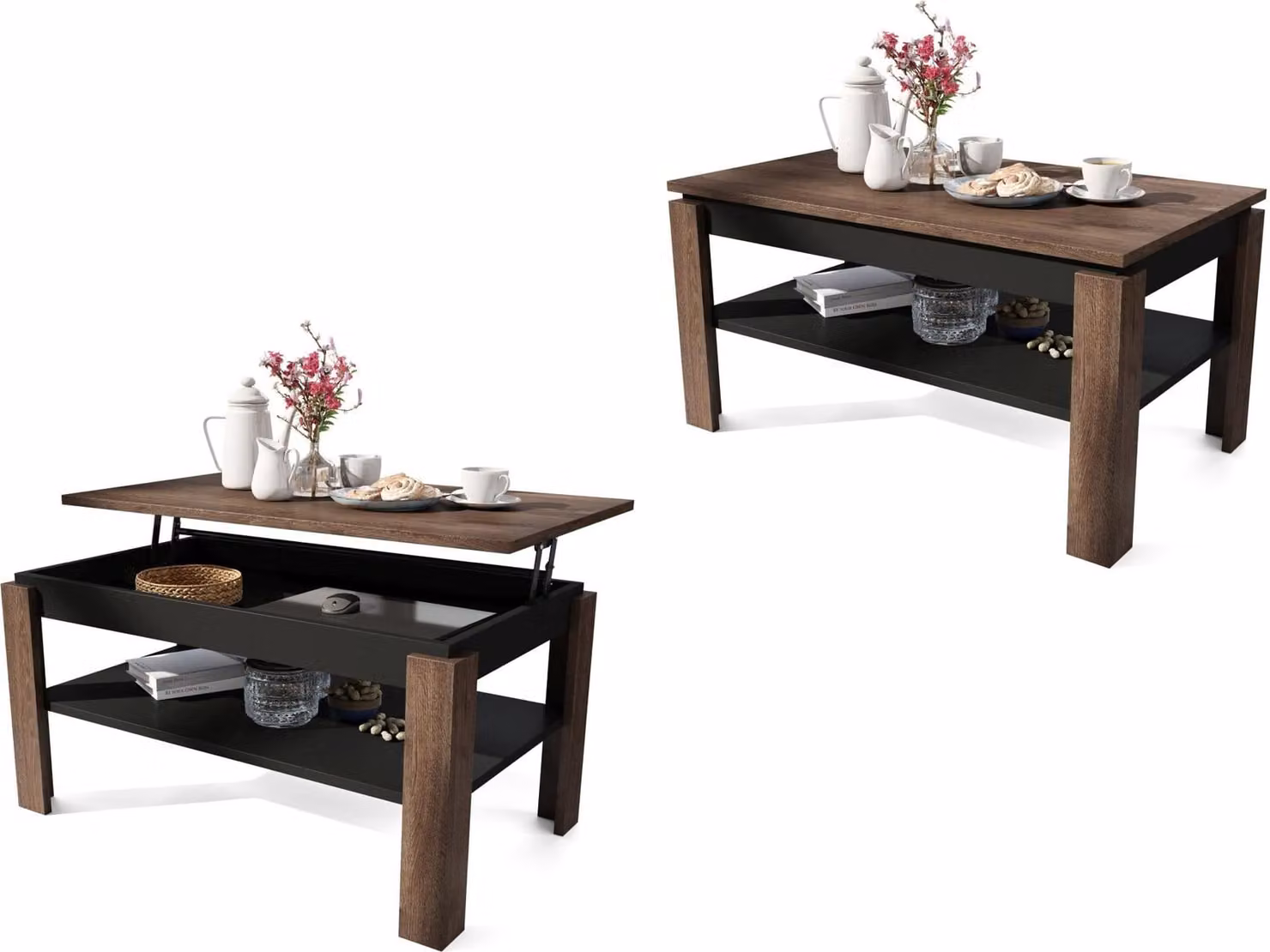 Tavolino All4All Asti, P, tavolino da salotto, tavolino da caffè, tavolino con vano portaoggetti, tavolino da divano con ripiano, regolabile in altezza, 100x60 cm, rovere marrone + nero