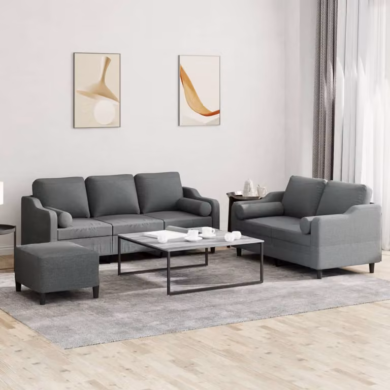 Set di divani vidaXL 3 pezzi con pouf e cuscini in tessuto grigio per soggiorno moderno