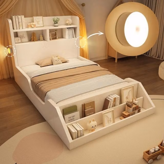 Letto in legno singolo 90x200 cm per ragazzi con ripiani, luci notturne, libreria rimovibile, rete a doghe, bianco, senza materasso