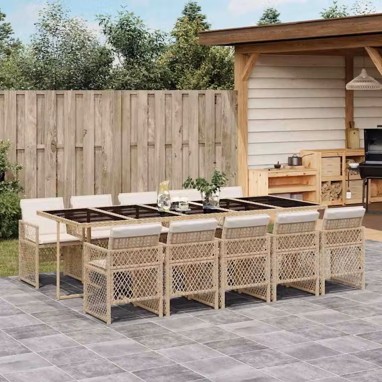 Set da pranzo da giardino vidaXL in polyrattan con cuscini beige e tavolo in vetro per 11 persone