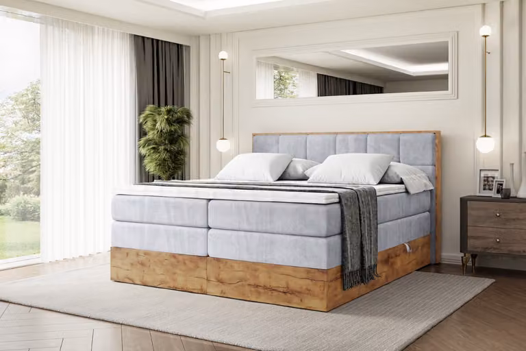 Letto boxspring ALTDECOR con materasso e rete a doghe, topper, letto imbottito con contenitore, letto con vano portaoggetti, materassi H3 e H4, letto matrimoniale, letto boxspring - LOLLI7 KING - 140x200 - Grigio Monolith
