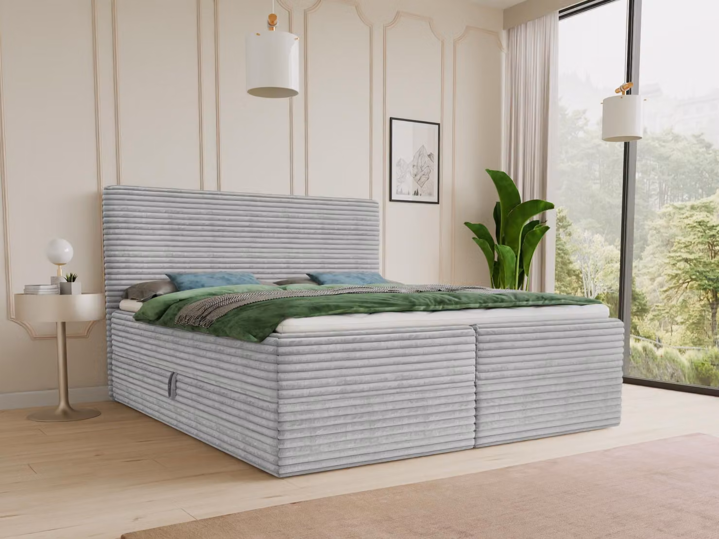 Letto boxspring Mollo con 2 cassetti, letto matrimoniale con materasso Bonell e topper, letto imbottito in morbido velluto a coste, letto, letto box, struttura letto per camera da letto (grigio (Tilia 86), 140 x 200 cm)
