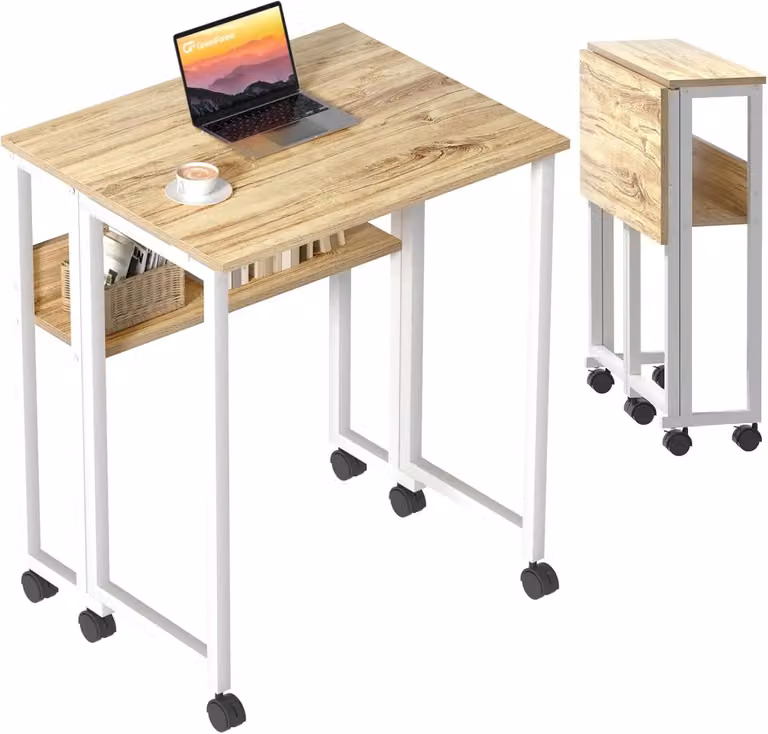Scrivania pieghevole - Scrivania per computer - 80 x 58 cm - A forma di U - Con rotelle - Piano portaoggetti - Struttura in metallo - Gialla