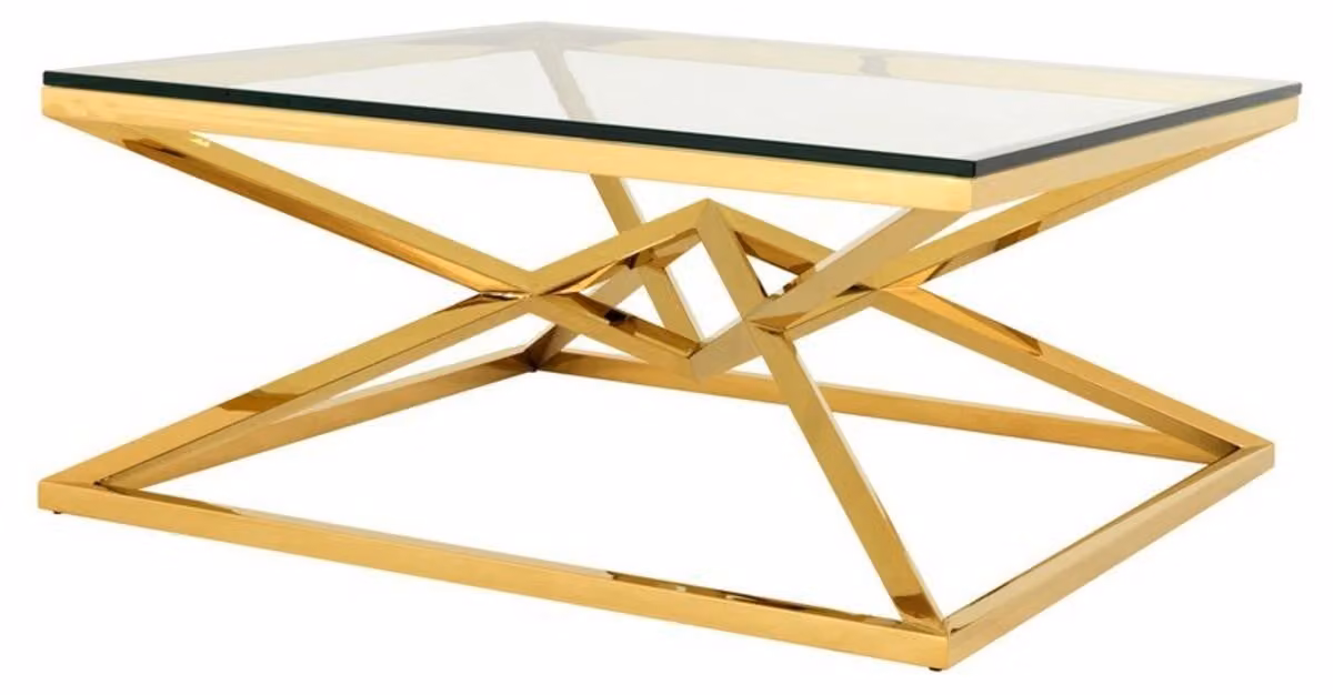 Tavolino da caffè di design Art Deco in acciaio inossidabile dorato con piano in vetro, della collezione Casa Padrino, dimensioni 100 x 100 x 45 cm