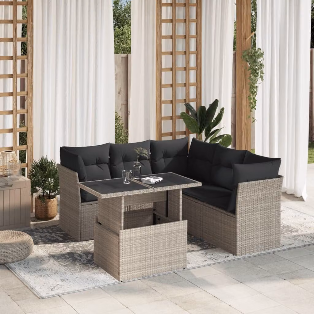 vidaXL Set Divano da Giardino a L con Cuscini Grigio Antracite e Tavolino in Vetro, 6 Pezzi – 1