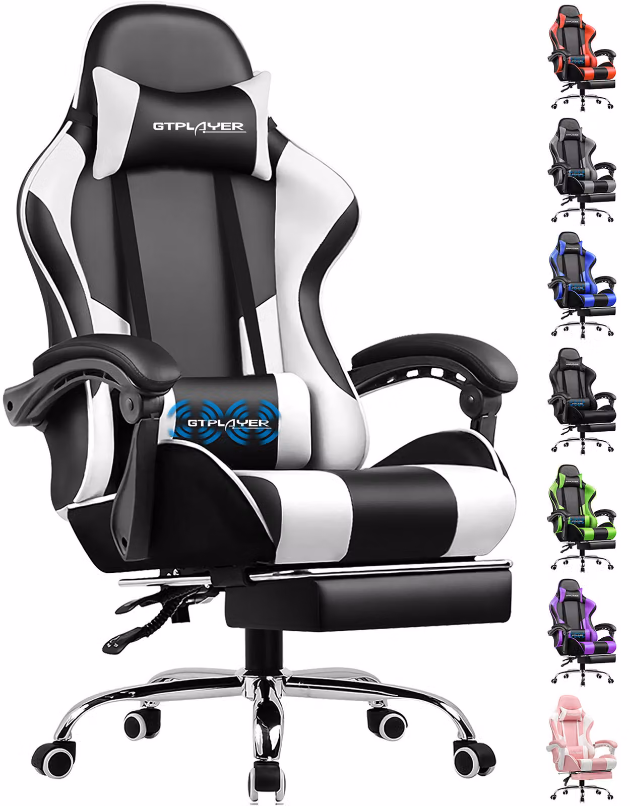 GTPLAYER Sedia da ufficio Sedia da gioco Poltrona da gioco massaggiante Sedia da gioco ergonomica con poggiapiedi, poggiatesta cuscino lombare massaggiante, sedia da gioco imbottita, sedia girevole