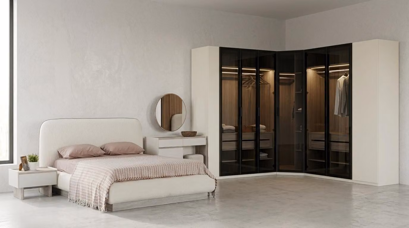 Armadio a specchio per letto, beige, moderno, elegante, set con vetrina