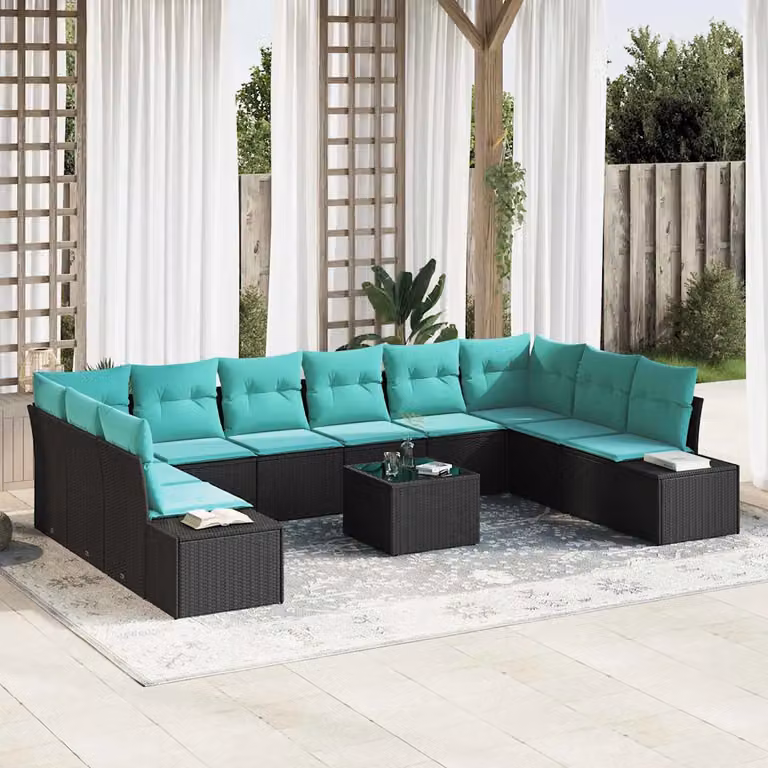 vidaXL Set Divano da Giardino Moderno a L con 10 Pezzi, Nero e Turchese