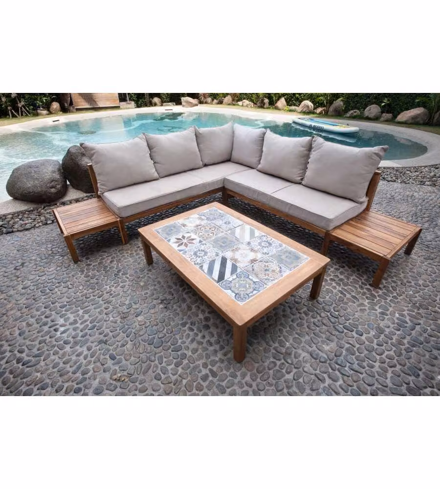 Set Salotto da Giardino in Legno di Acacia Divano Angolare e Tavolino Cuscini Ecru - Oslo Domo Mea