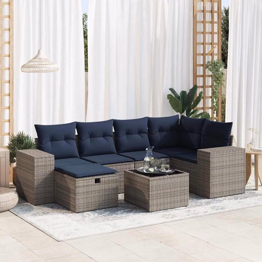 Set da giardino vidaXL composto da 7 pezzi con cuscini in polyrattan e struttura in metallo, colore grigio e blu, ideale per terrazzi e balconi