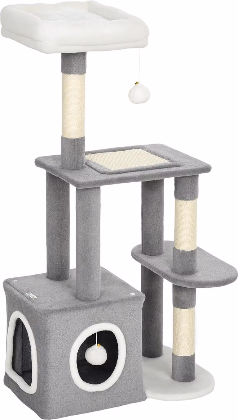 Torre per gatti con grotta, pali in sisal, palline di peluche, 107 cm, grigio