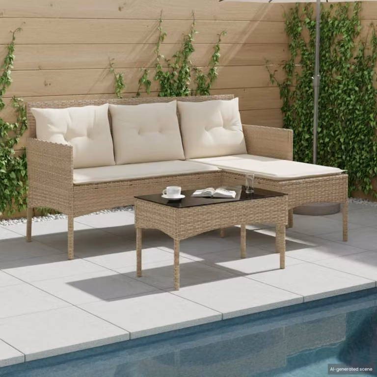 Set Divano da Giardino Moderno vidaXL con Angolare, Tavolino e Cuscini Beige in Polyrattan e Acciaio
